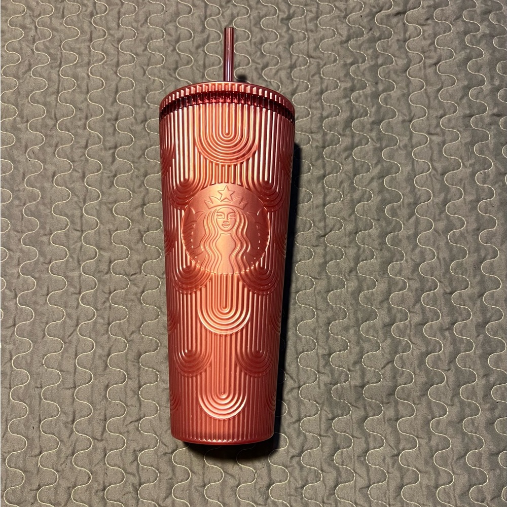 Starbucks Metallic Copper Red Embossed Cold Cup with Straw